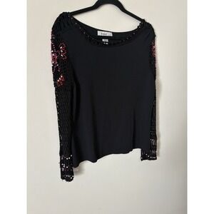 Women's Kikit Black Long sleeve Rayon Sweater, FairyFlowerBeaded Crocheted SzL